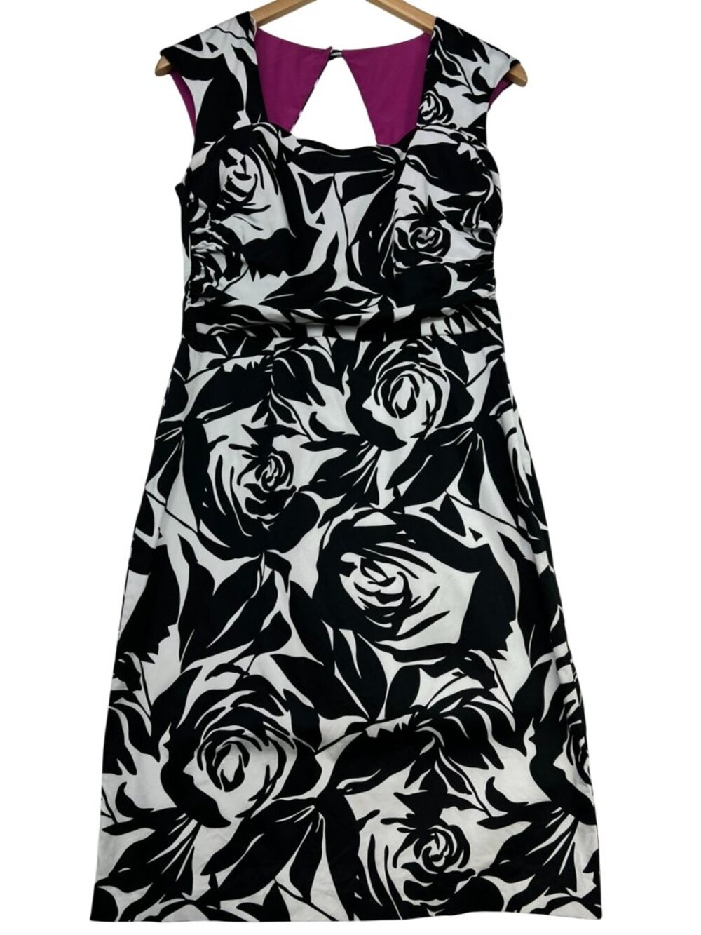 Donna Ricco Women's Sheath Midi Dress Cutout Back Size 8 Black White Rose Print